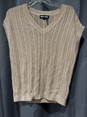 DKNY Jeans Beige Crochet V-Neck Sweater Vest